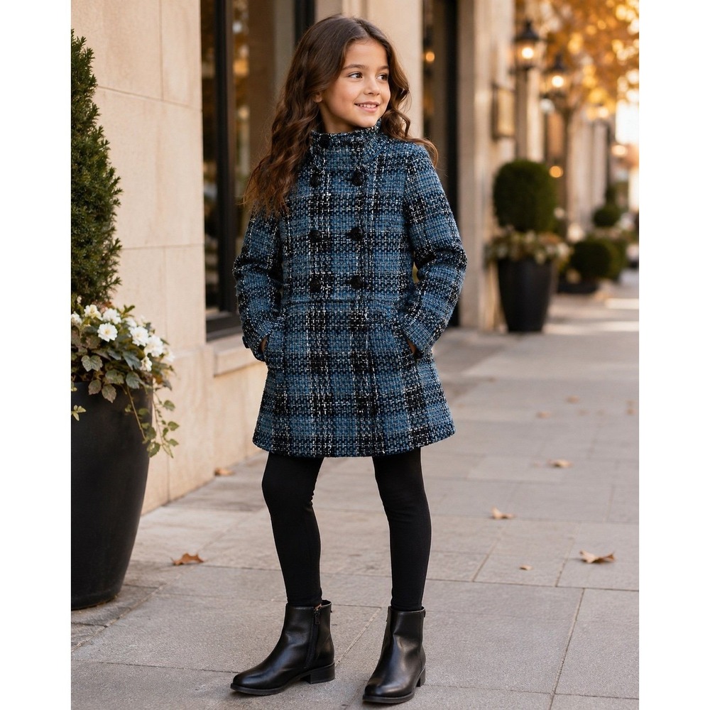 Jessica Simpson Girls Size 8 Plaid Tweed Double Breasted Coat Blue Black